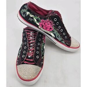Y2K Skechers Graffiati Tattoo Roses Rhinestone Low Top Sneaker Shoes Sz 9.5